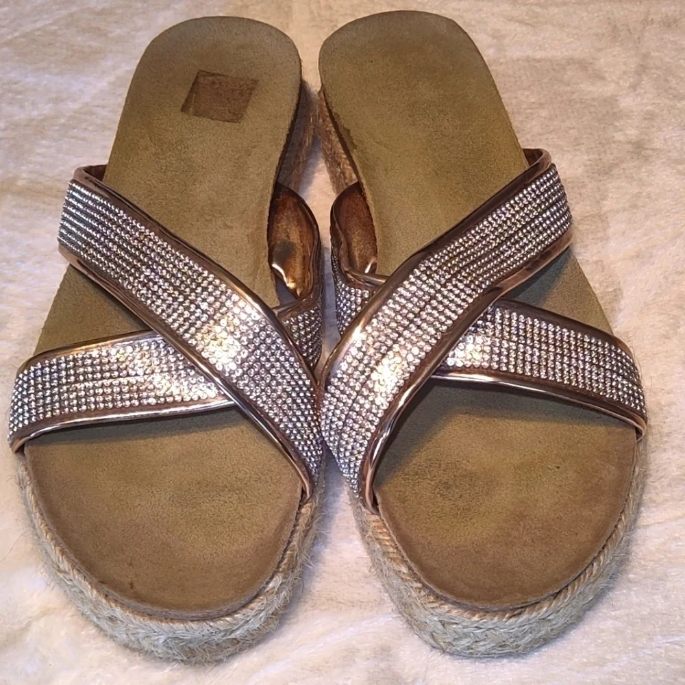 SHEIN Women Criss Cross Rhinestone Decor Espadrille Sole Sandals Size 8
